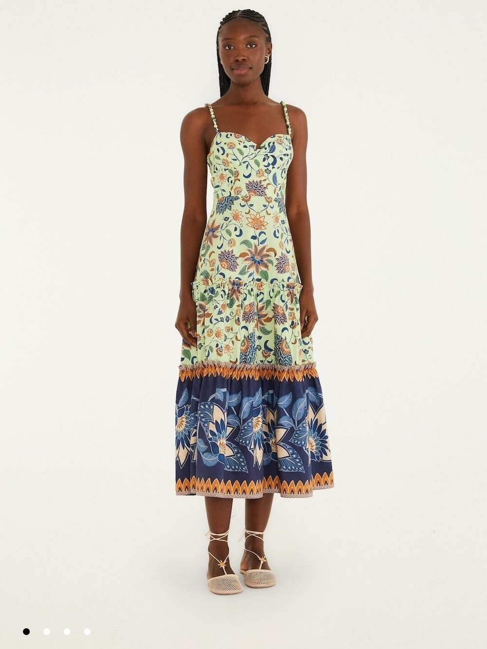 FARM Rio Mint Floral Tiered Midi Dress with Navy Border